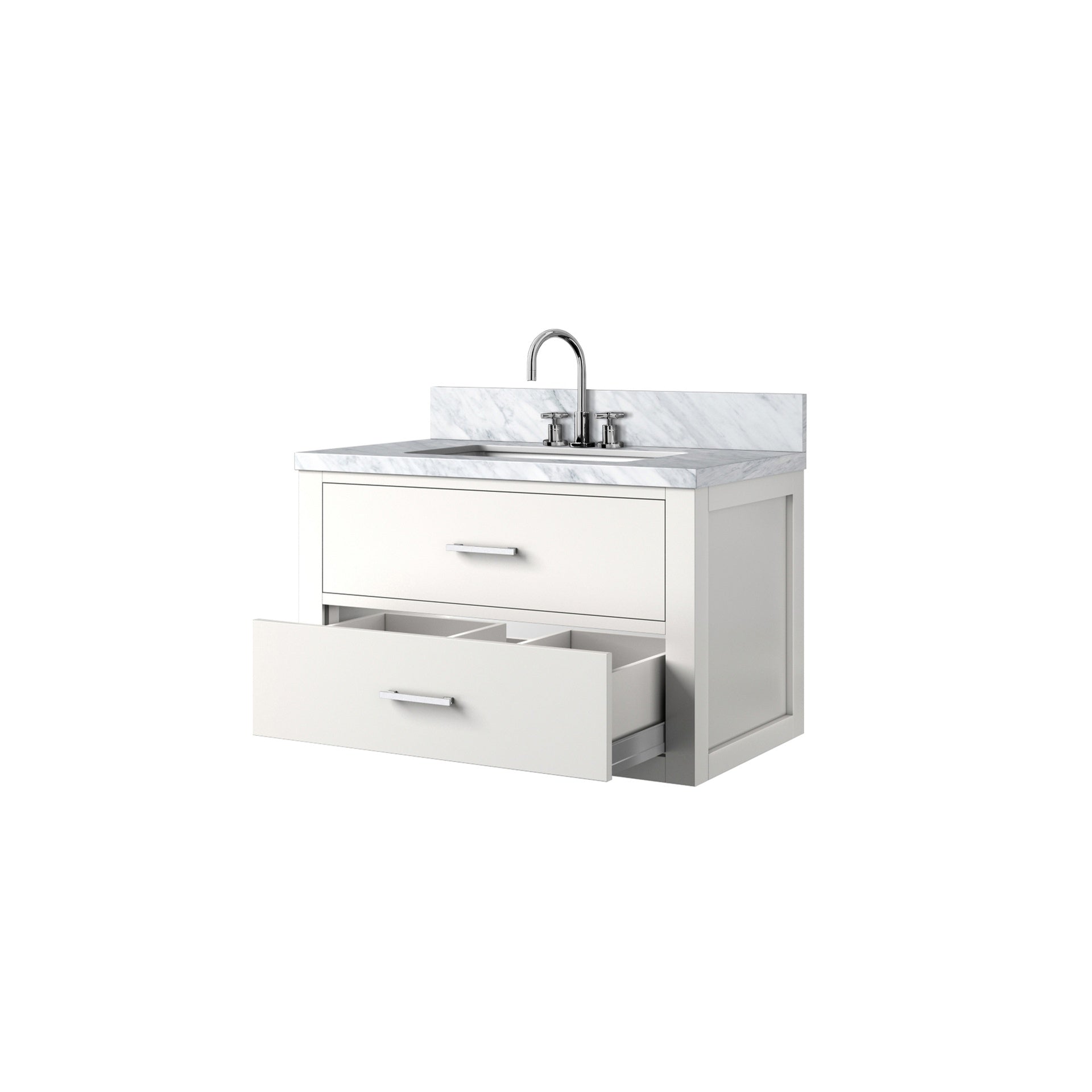 White Single Bath Vanity 30 in. W x 22 in. D, Carrara Marble Top, and Faucet Set