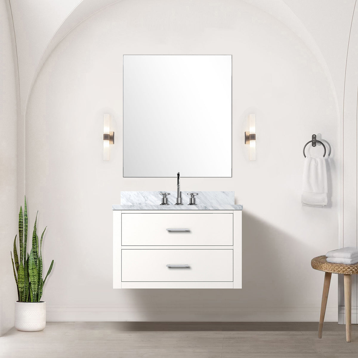 White Single Bath Vanity 30 in. W x 22 in. D, Carrara Marble Top, and Faucet Set
