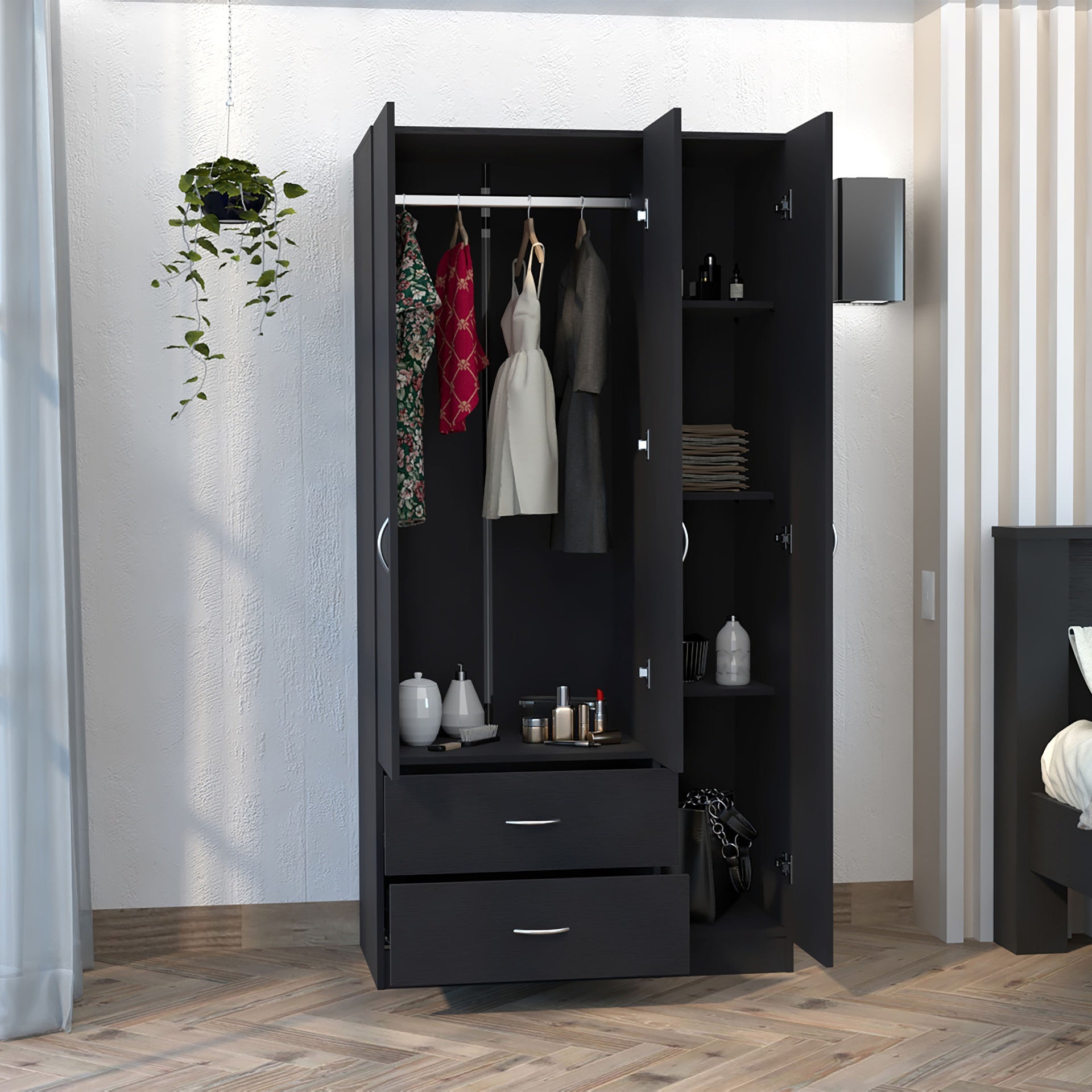 Austral 3 Door Armoire with Two Drawers, Shelves, and Hanging Rod - Black