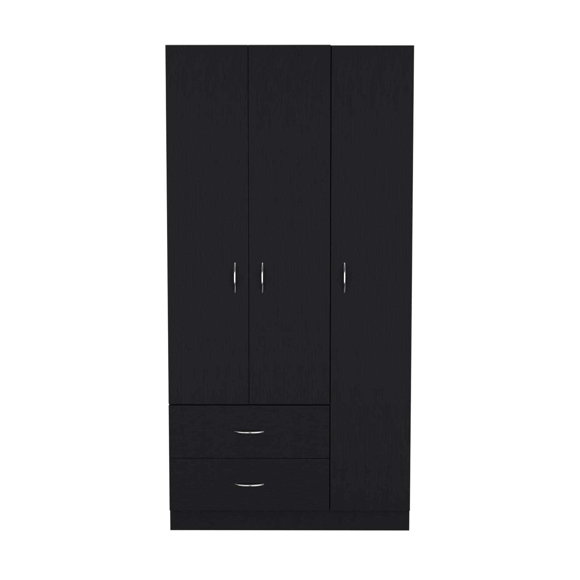 Austral 3 Door Armoire with Two Drawers, Shelves, and Hanging Rod - Black