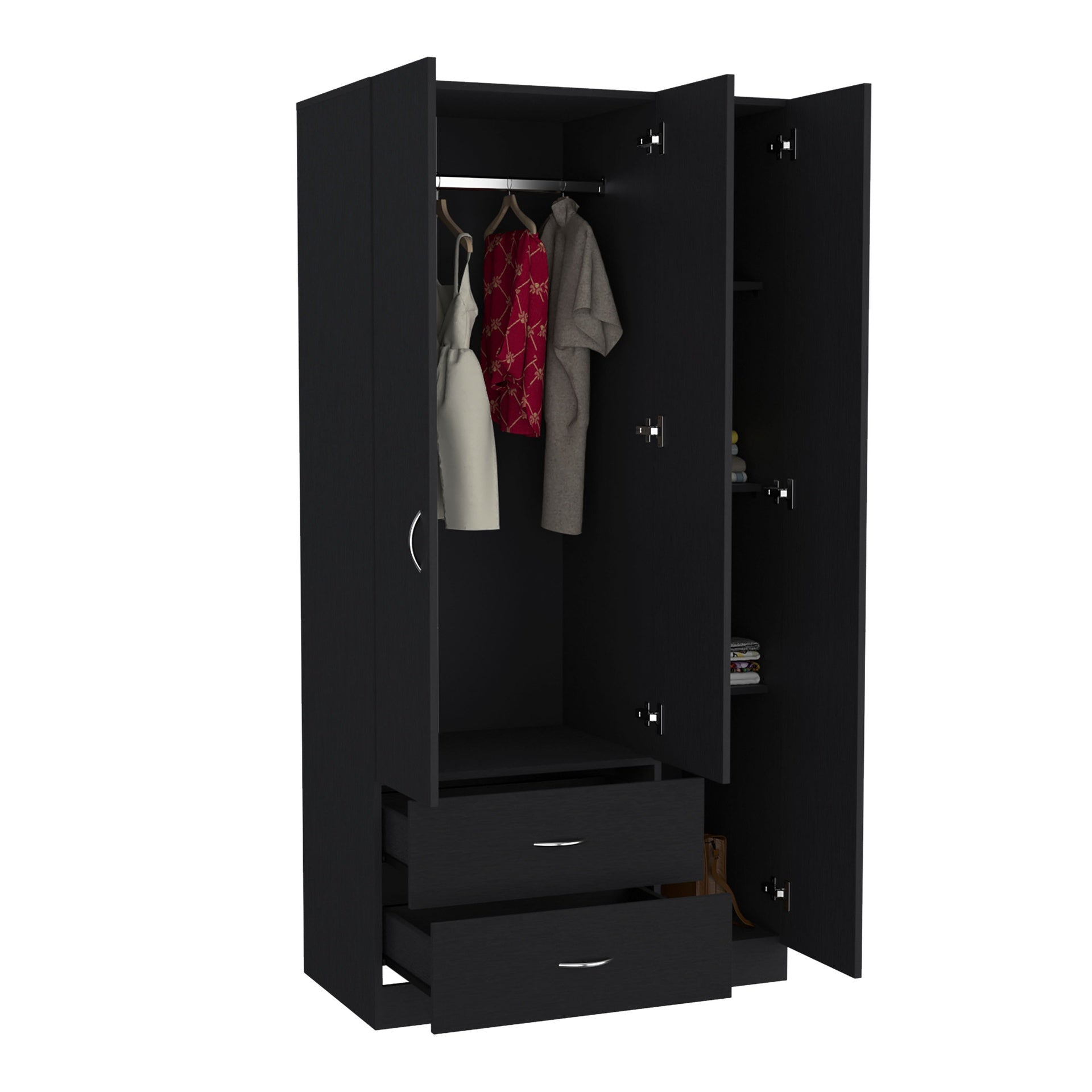 Austral 3 Door Armoire with Two Drawers, Shelves, and Hanging Rod - Black