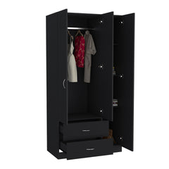 Austral 3 Door Armoire with Two Drawers, Shelves, and Hanging Rod - Black