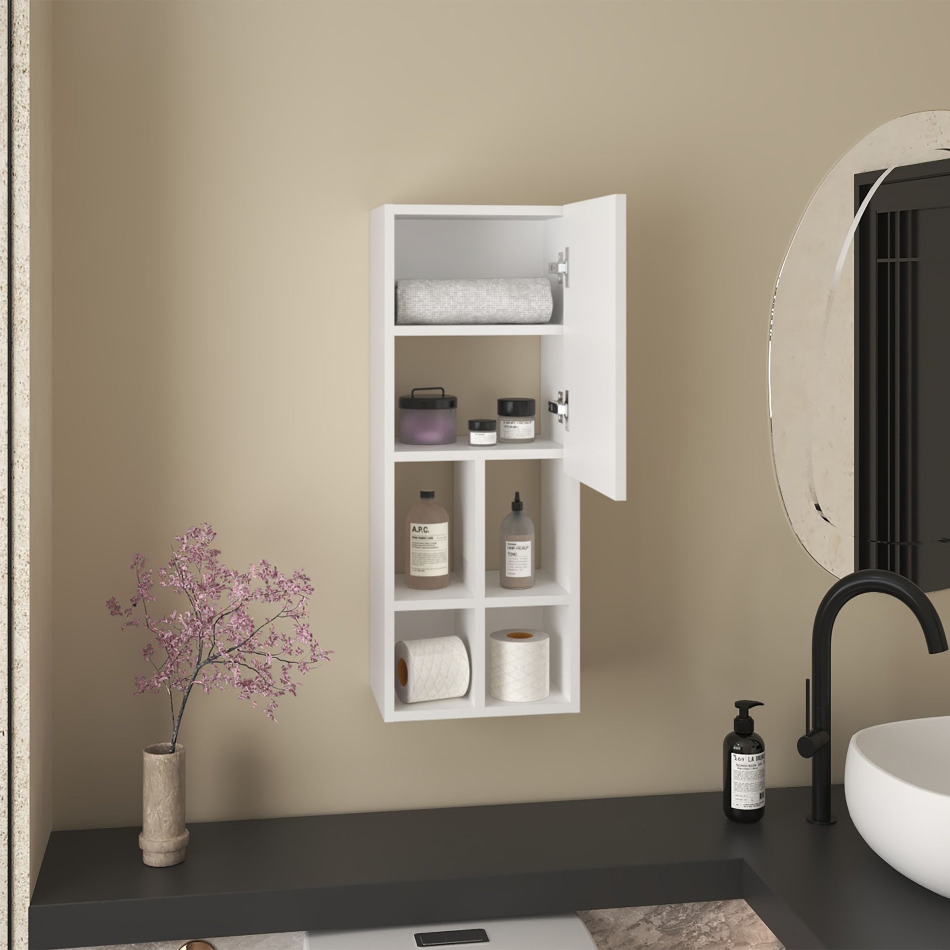 Niwot Wall Bathroom Cabinet, One Door, Organizer For Toiletries And Towels, White