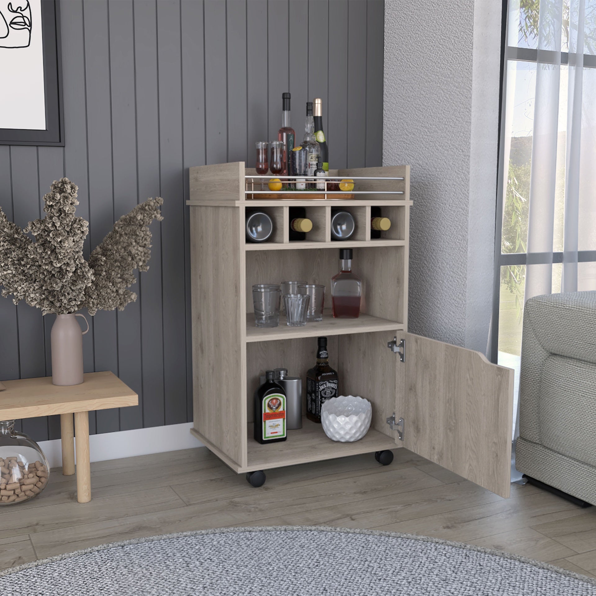 Phoenix Bar Cart with 2 Open Shelves  4 Cubbies and Cabinet