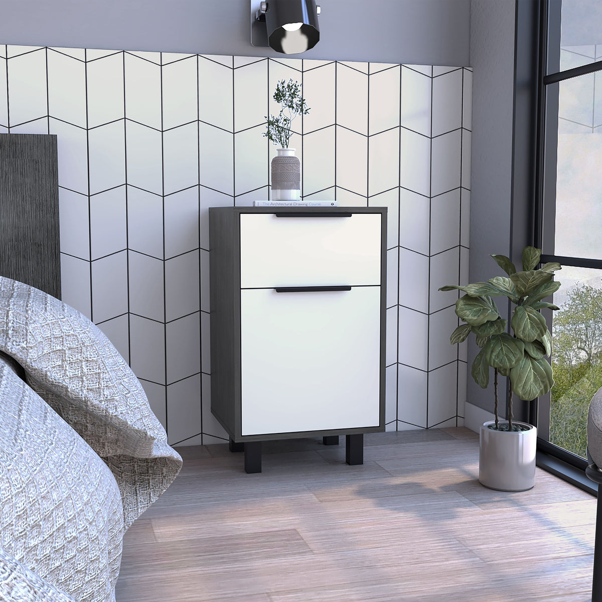 Kaia Z Nightstand , End Table, Side Table One Drawer, One Cabinet,  Four Legs, Superior Top -Smokey Oak / White
