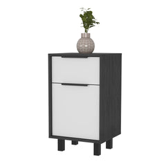 Kaia Z Nightstand , End Table, Side Table One Drawer, One Cabinet,  Four Legs, Superior Top -Smokey Oak / White