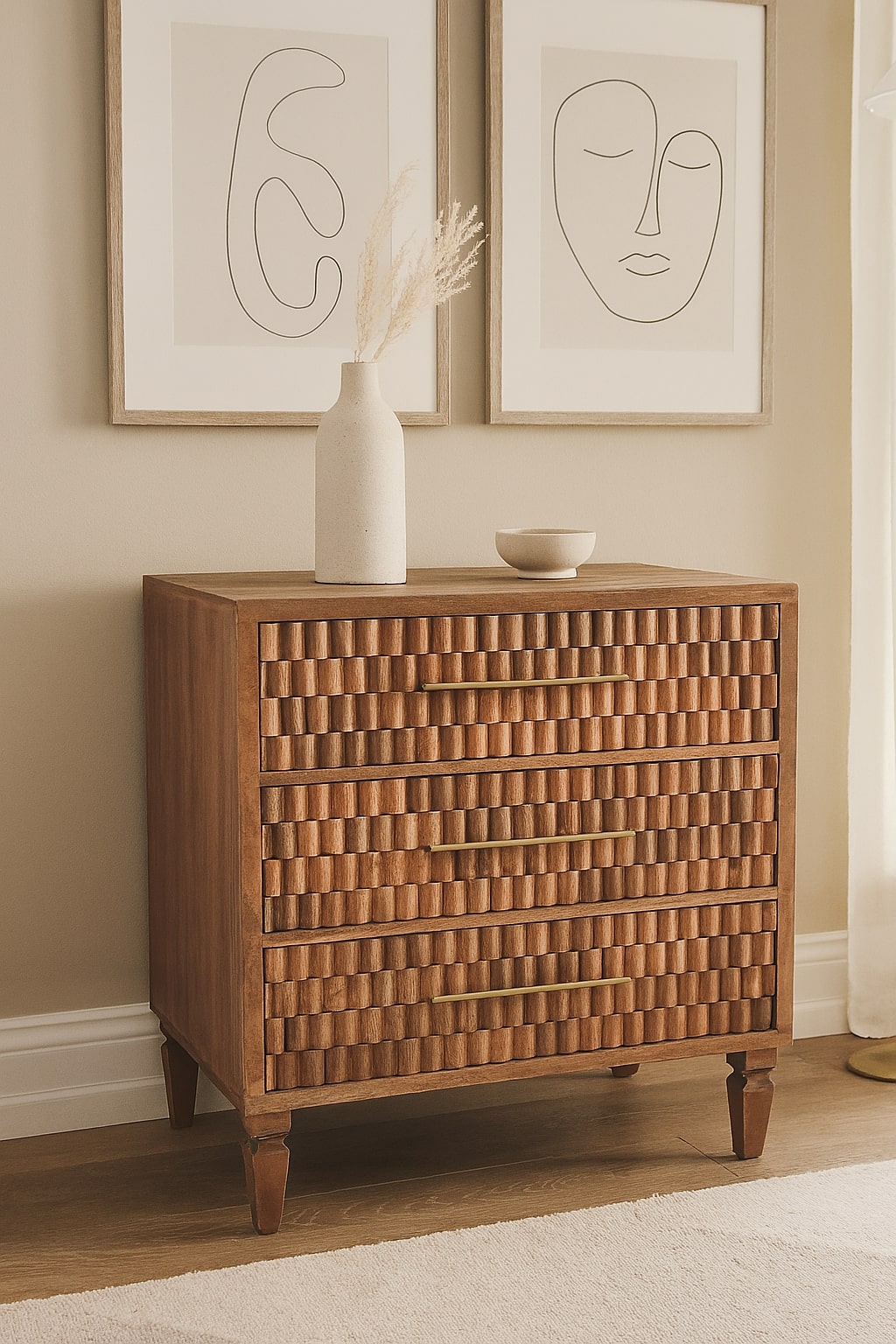 Solid Wood Arno Chest – Teak,Brown,3-Drawers