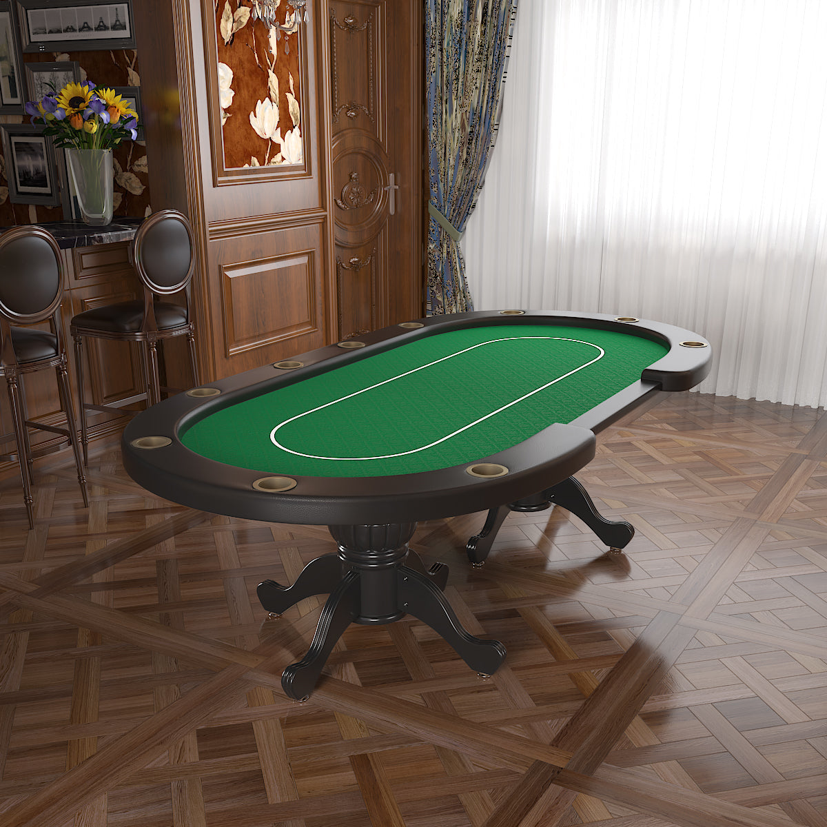 96" Oval Aura Poker Table for 10 Players Texas Holdem Poker Card with Bet Line Felt Surface Jumbo Cup Holders Green