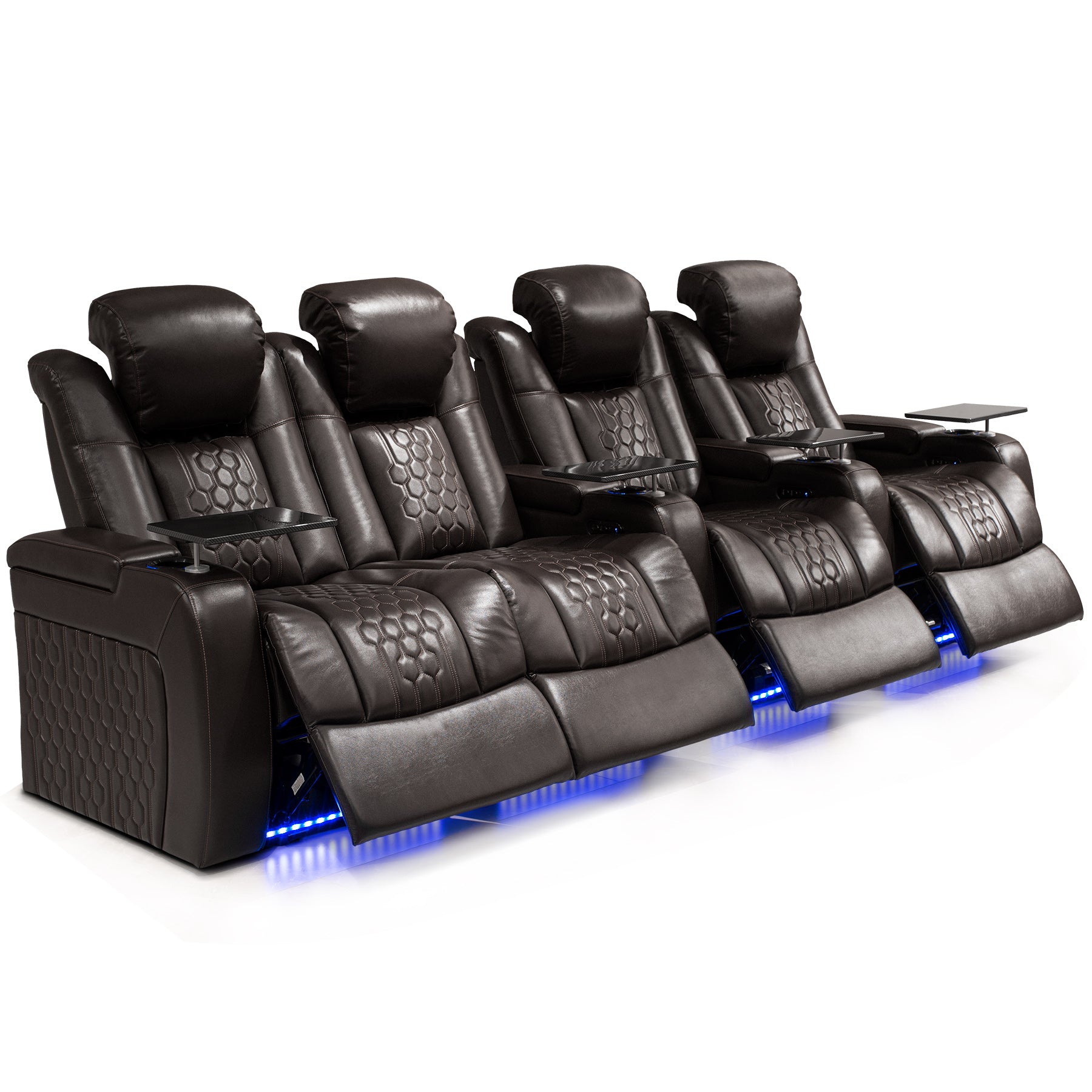 124.4"Power Recliner 4 PC Made WithTop-Grain Nappa,Fully Adjustable Relaxation,Smart Charging,Dynamic RGB LED Lighting,COFFEE