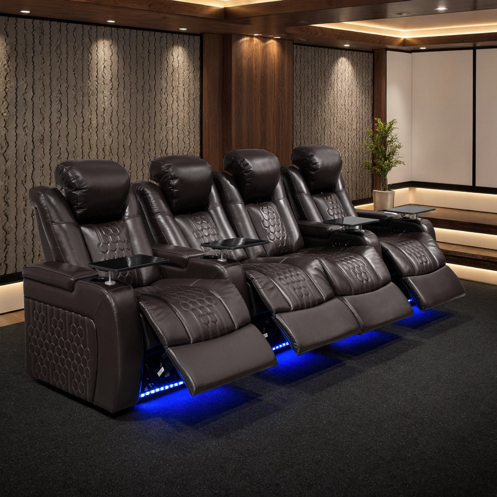 124.4"Power Recliner 4 PC Made WithTop-Grain Nappa,Fully Adjustable Relaxation,Smart Charging,Dynamic RGB LED Lighting,COFFEE