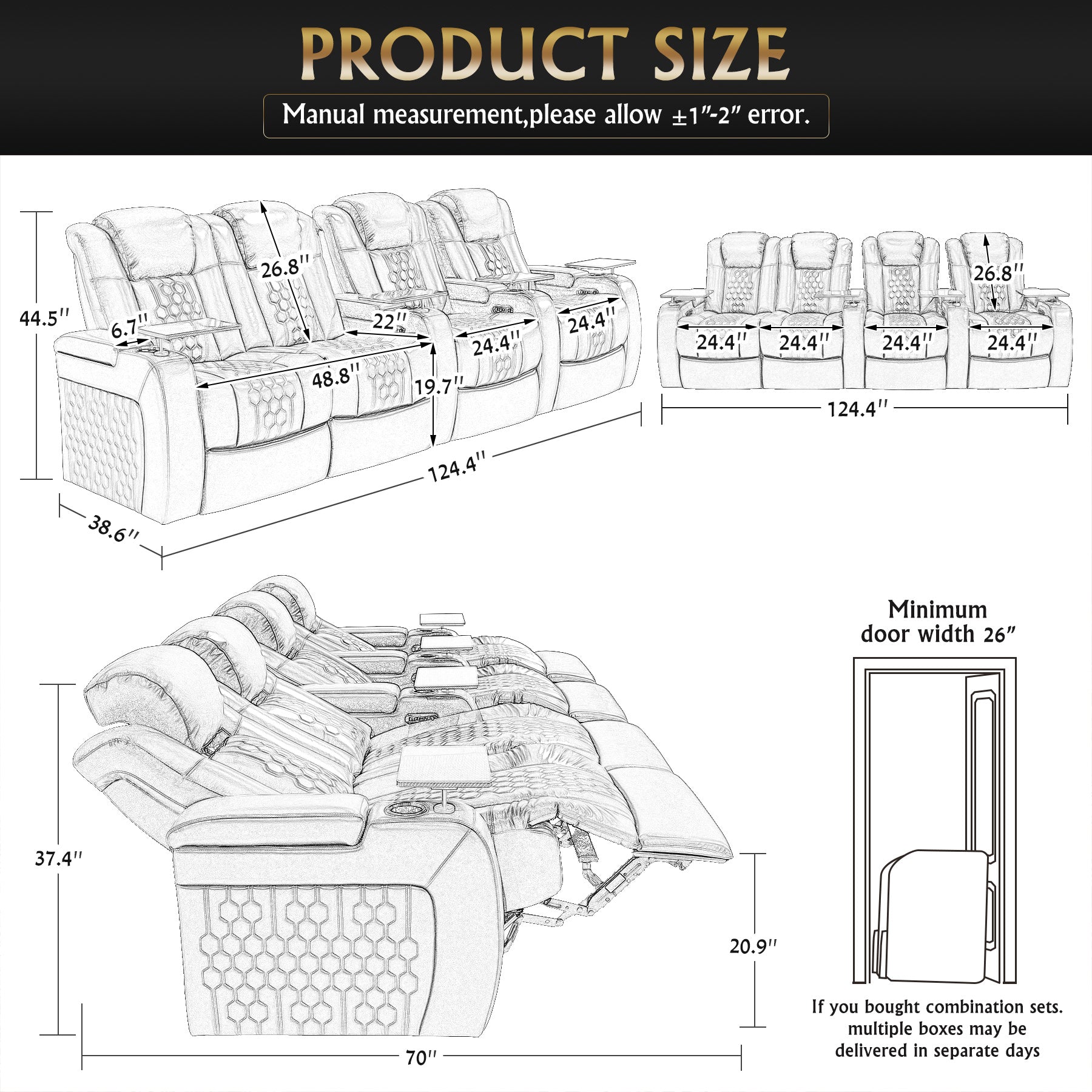 124.4"Power Recliner 4 PC Made WithTop-Grain Nappa,Fully Adjustable Relaxation,Smart Charging,Dynamic RGB LED Lighting,COFFEE