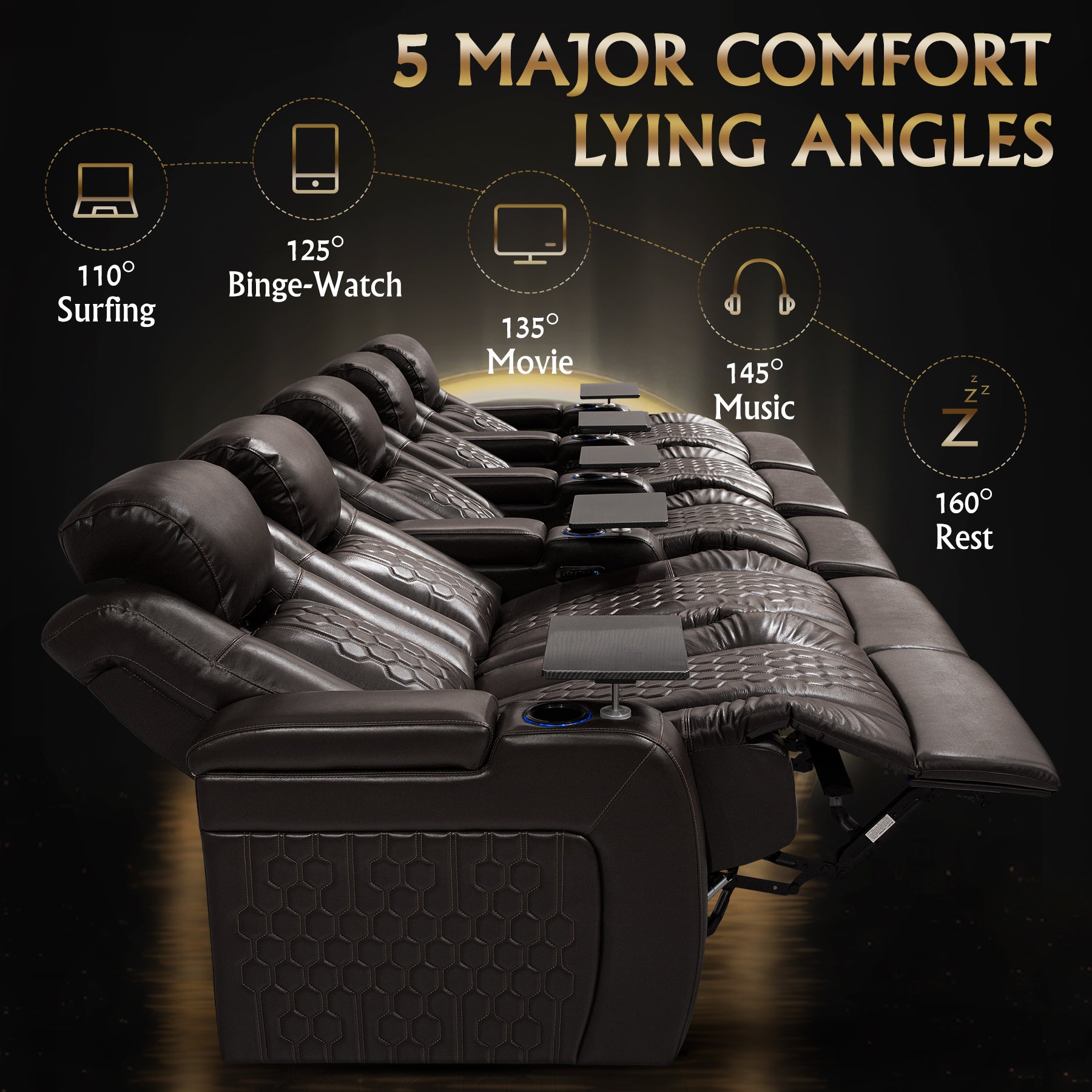 155.5"Power Recliner 5 PC Made WithTop-Grain Nappa,Fully Adjustable Relaxation,Smart Charging,Dynamic RGB LED Lighting,COFFEE