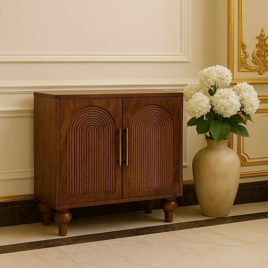 Solid Wood Arco Groove Sideboard,2-doors,Brown