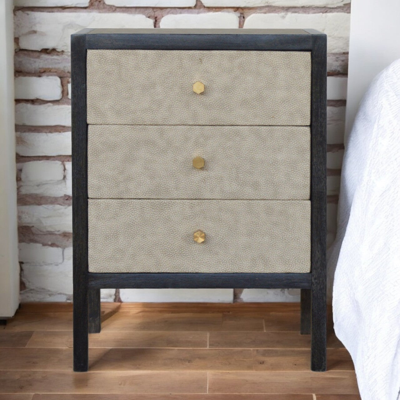 Solid Wood Faux Leather Nightstand, 3-Drawers, Grey and Black