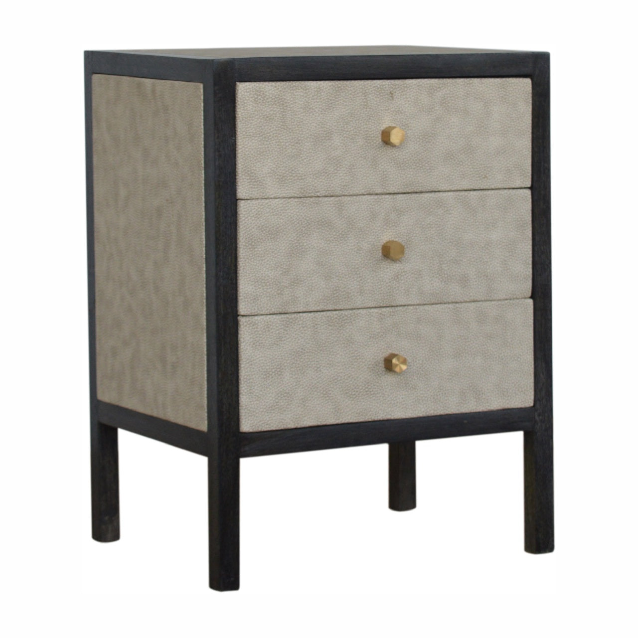Solid Wood Faux Leather Nightstand, 3-Drawers, Grey and Black