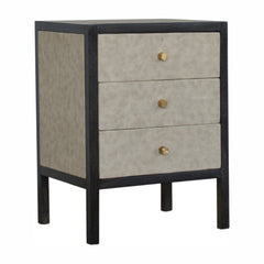 Solid Wood Faux Leather Nightstand, 3-Drawers, Grey and Black