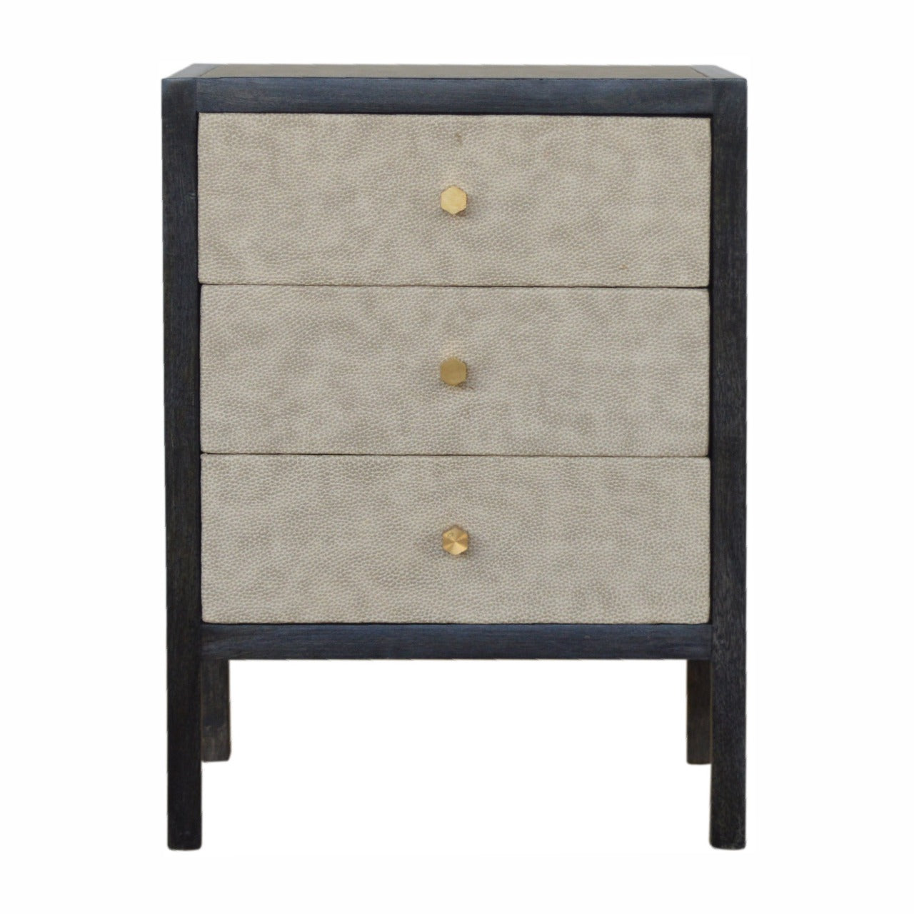 Solid Wood Faux Leather Nightstand, 3-Drawers, Grey and Black