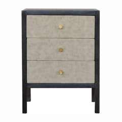 Solid Wood Faux Leather Nightstand, 3-Drawers, Grey and Black