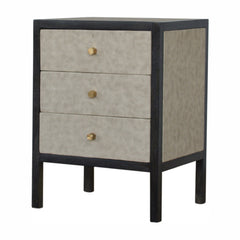 Solid Wood Faux Leather Nightstand, 3-Drawers, Grey and Black