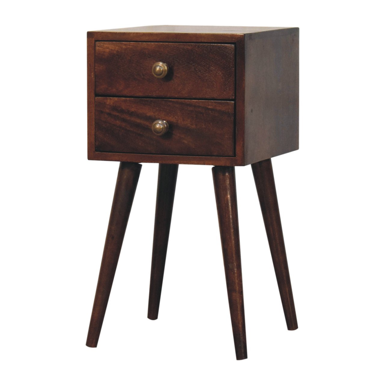 Solid Wood Mini California Walnut Bedside, 2-Drawers, Nordic Legs, Dark Brown