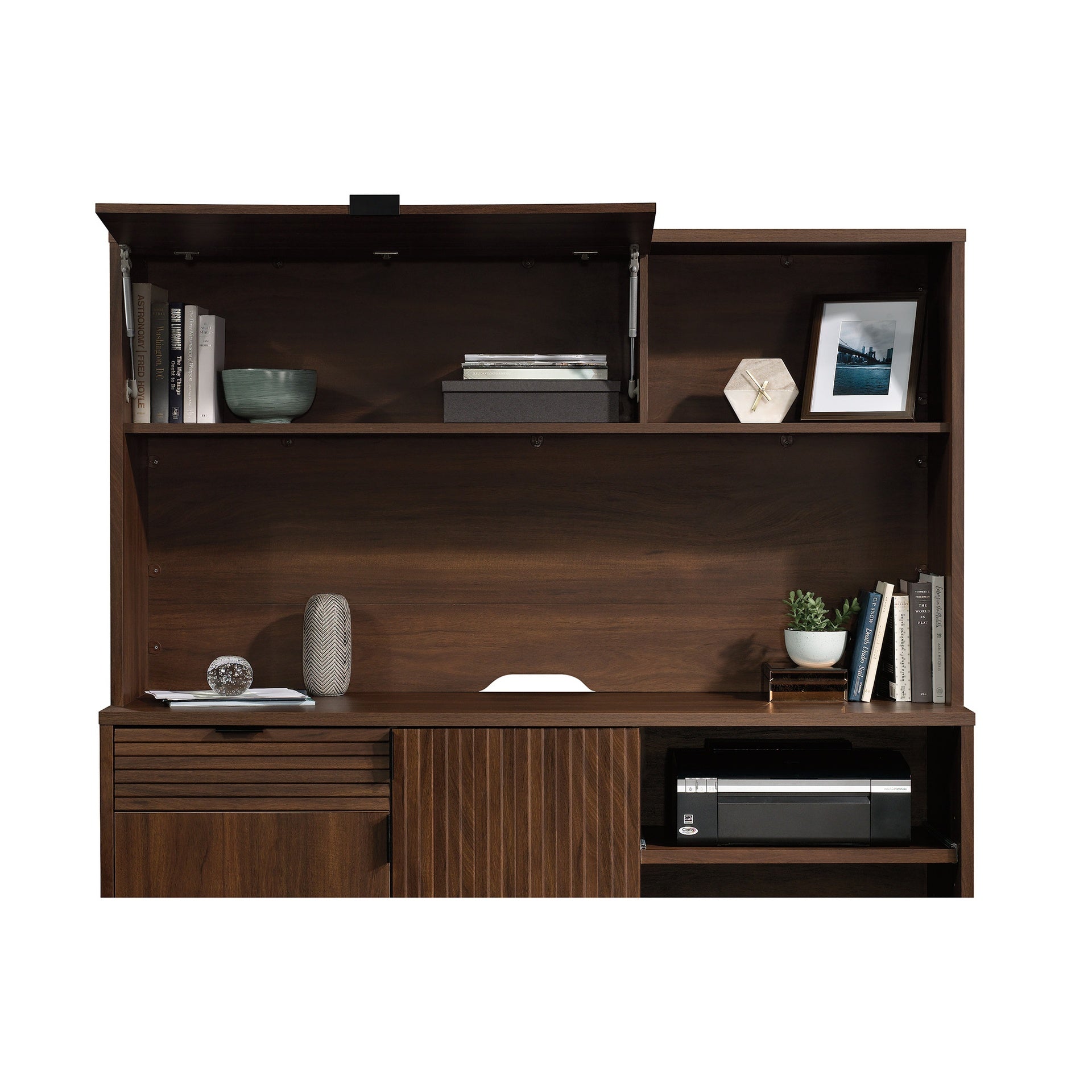 Hutch with Hidden Storage, Brown finish