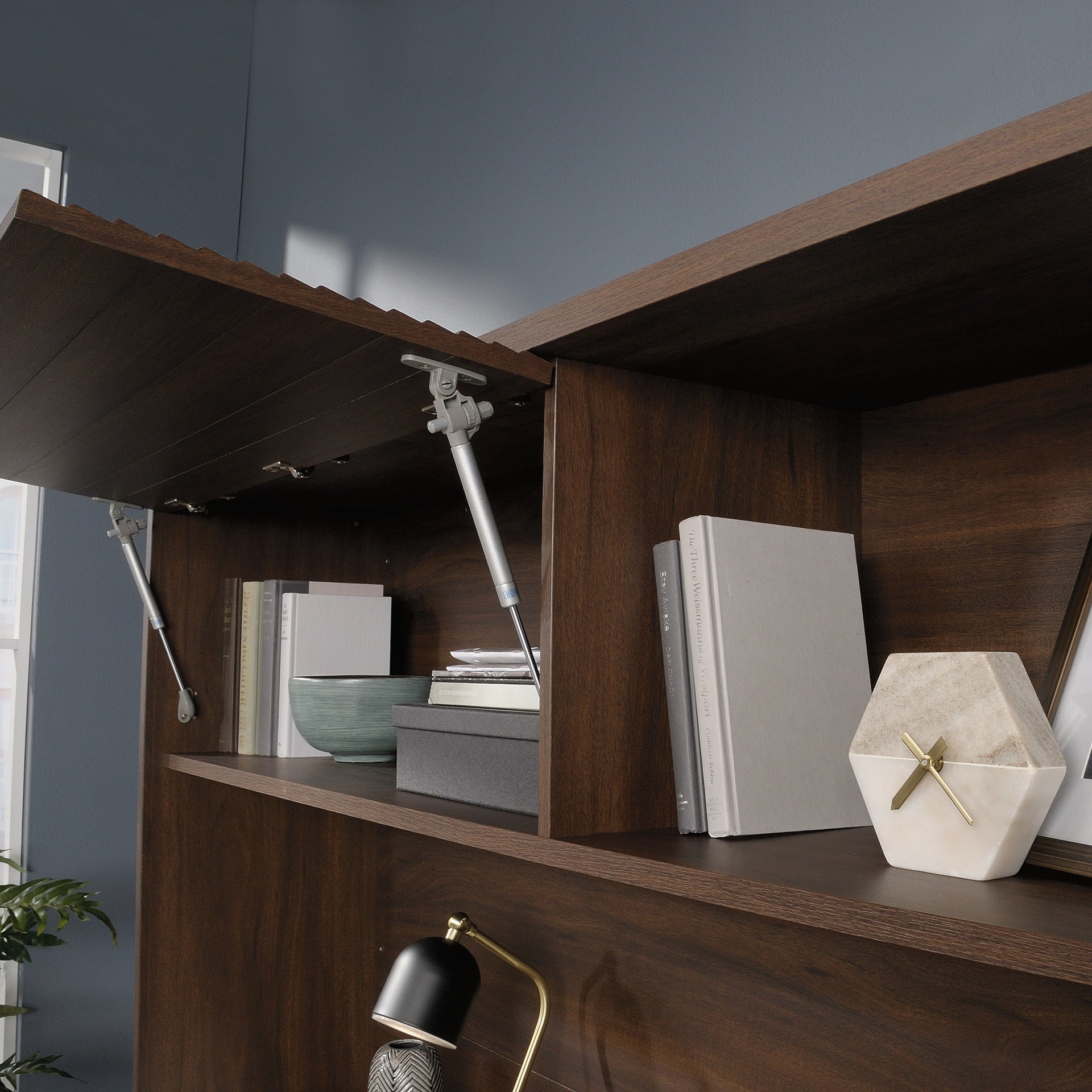 Hutch with Hidden Storage, Brown finish