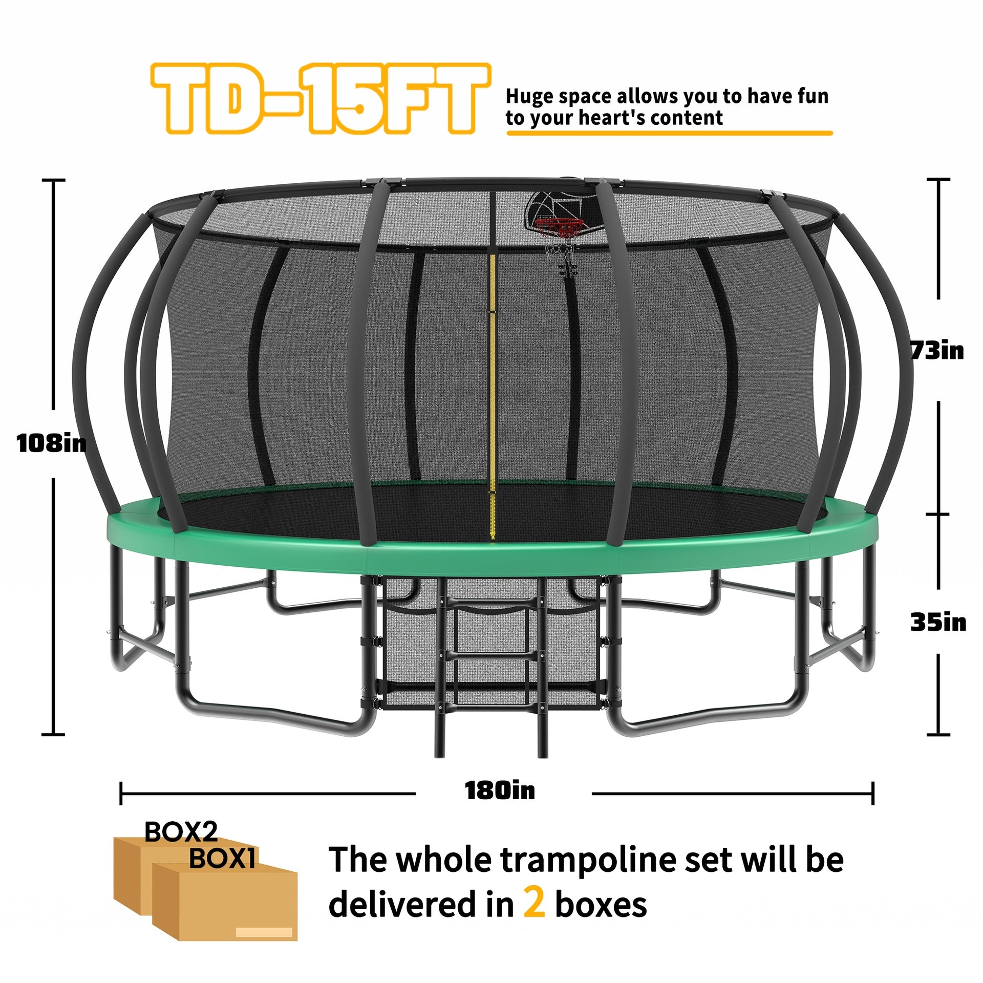 15FT Trampoline with Basketball Hoop - Recreational Trampolines with Ladder ,Shoe Bag and Galvanized Anti-Rust Coating