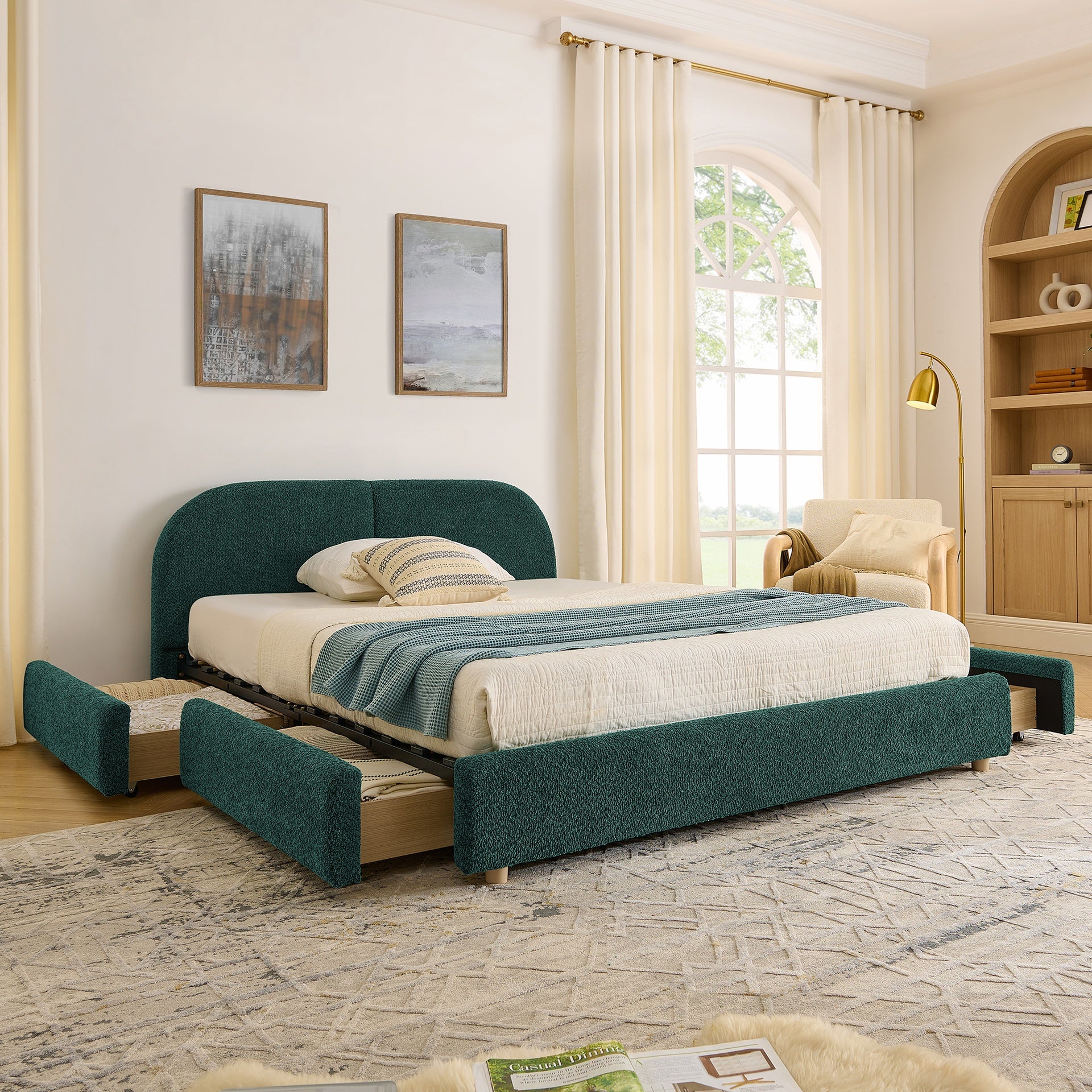 Queen Size Upholstered Bed Frame Modern Minimalist Style - Circle Yarn Fabric, Tall Curved Headboard, Sturdy Leg Support & Wheeled Drawer Storage, Mattress Not Included -Green