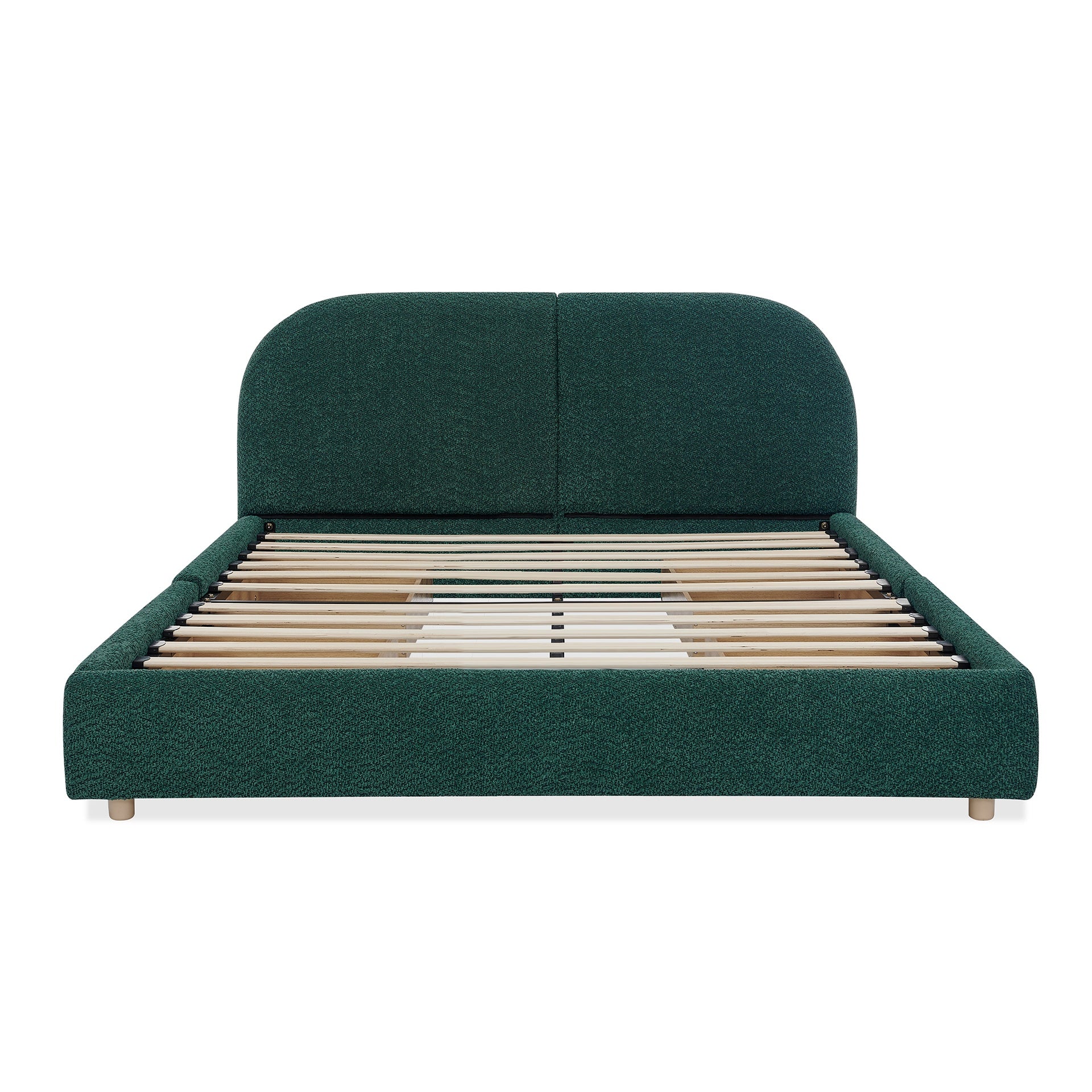 Queen Size Upholstered Bed Frame Modern Minimalist Style - Circle Yarn Fabric, Tall Curved Headboard, Sturdy Leg Support & Wheeled Drawer Storage, Mattress Not Included -Green