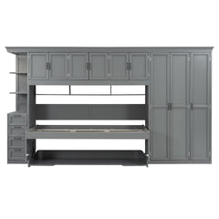 Twin Size Murphy Bed Wall Bed with Wardrobe, Cabinet and Desk, Gray