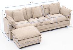 coffee color  3-seat combo sofa with storage ottoman for living room apartment bedroom and compact room, Upholstered sectional Couch, L Shaped Bench with a footrestco