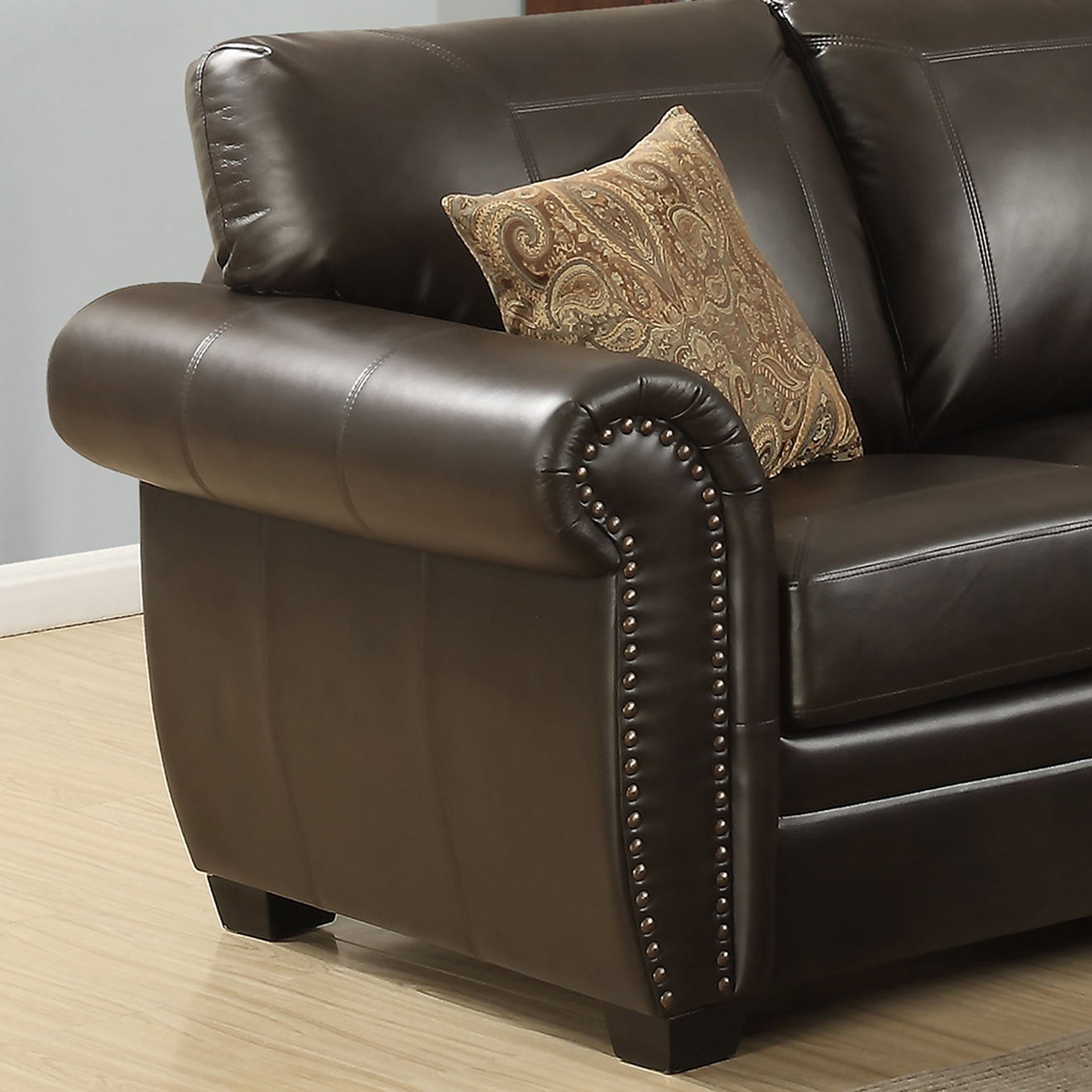 Sectional Leather Sofa with Antique Brass Nail Head Trim, Wooden Frame, High-Density Foam, Ideal for Family Gatherings
