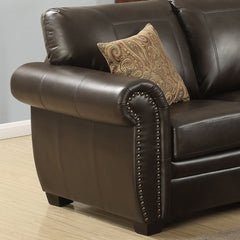 Sectional Leather Sofa with Antique Brass Nail Head Trim, Wooden Frame, High-Density Foam, Ideal for Family Gatherings