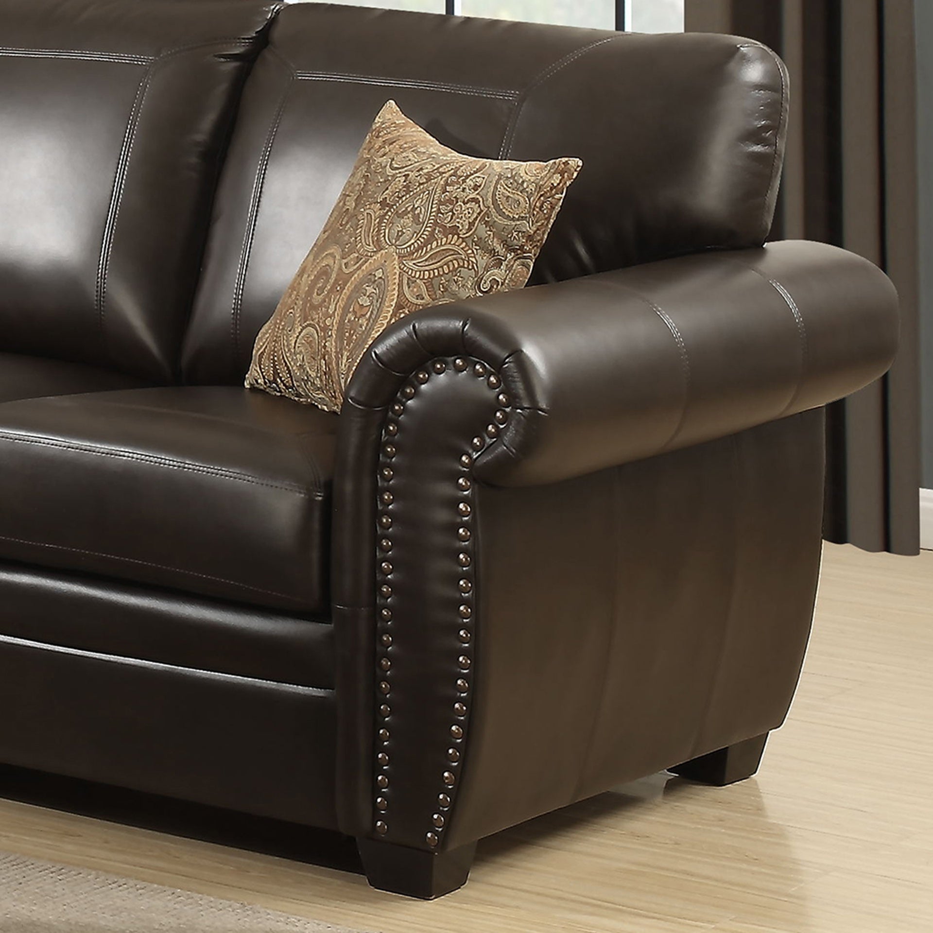 Sectional Leather Sofa with Antique Brass Nail Head Trim, Wooden Frame, High-Density Foam, Ideal for Family Gatherings