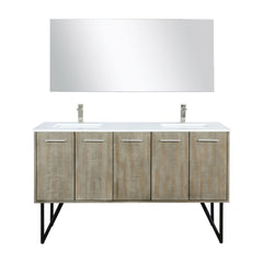 Rustic Acacia Double Bath Vanity 60 in. W x 20 in. D, White Quartz Top, Brushed Nickel Faucet Set and 55 in. Mirror