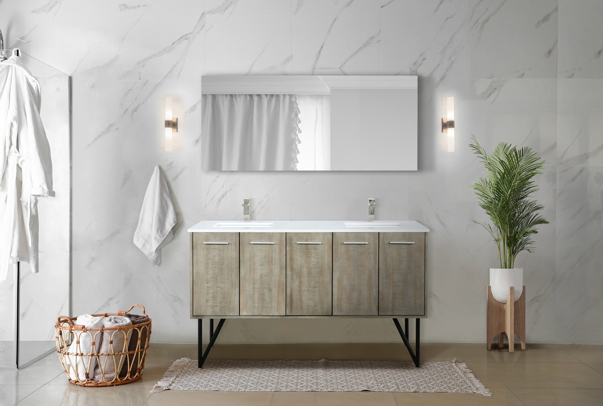 Rustic Acacia Double Bath Vanity 60 in. W x 20 in. D, White Quartz Top, Brushed Nickel Faucet Set and 55 in. Mirror