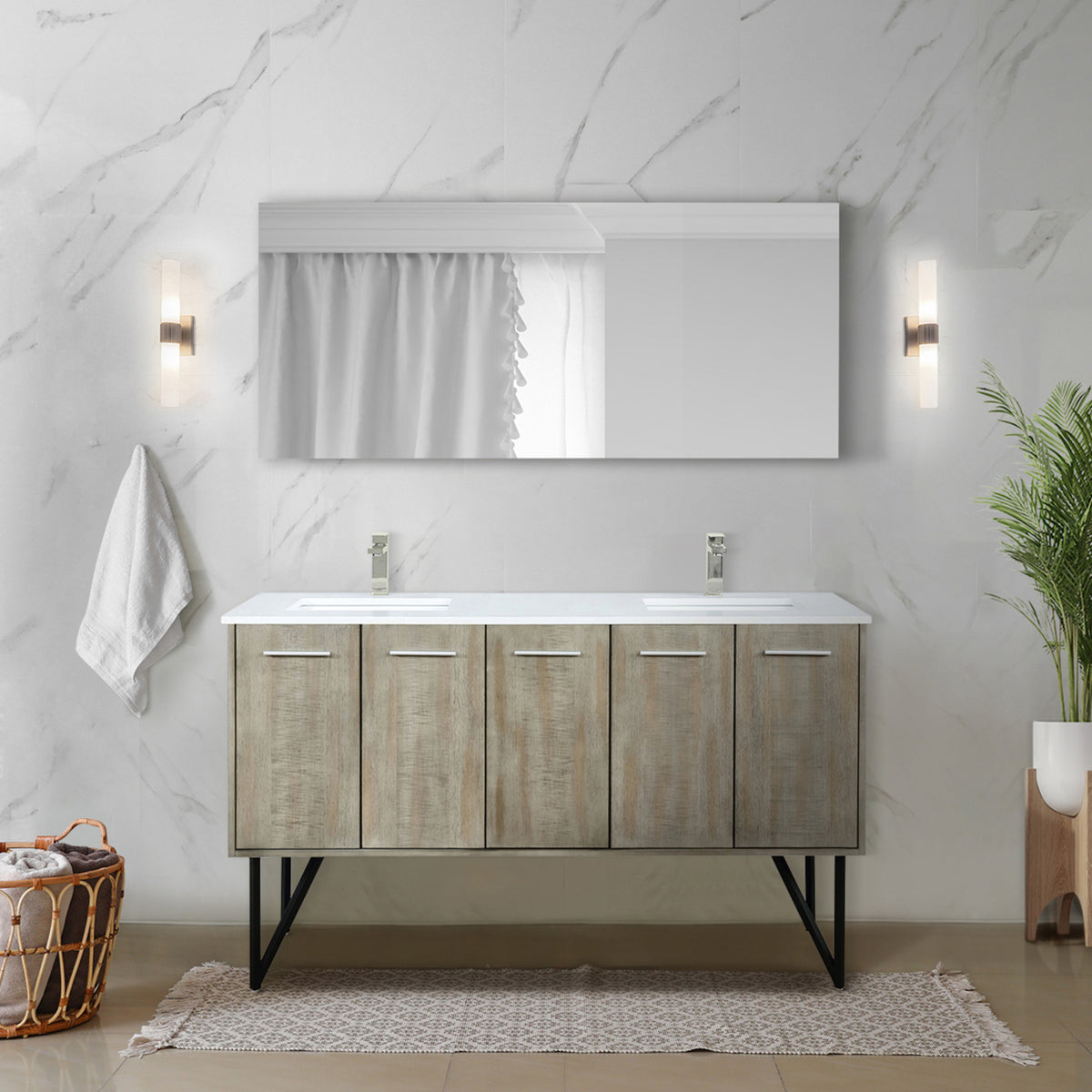 Rustic Acacia Double Bath Vanity 60 in. W x 20 in. D, White Quartz Top, Brushed Nickel Faucet Set and 55 in. Mirror