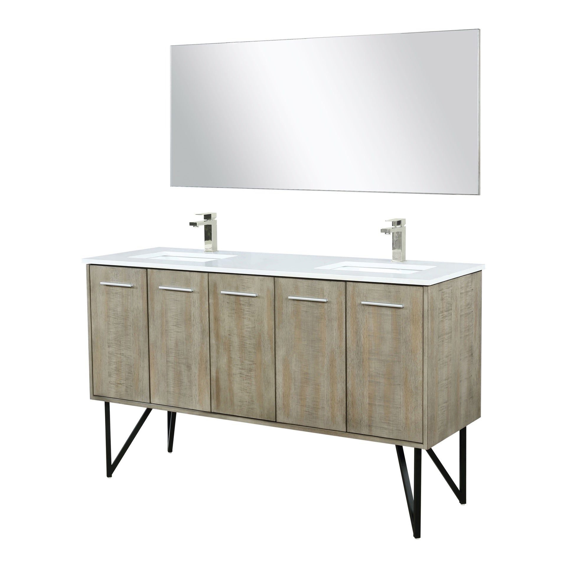 Rustic Acacia Double Bath Vanity 60 in. W x 20 in. D, White Quartz Top, Brushed Nickel Faucet Set and 55 in. Mirror