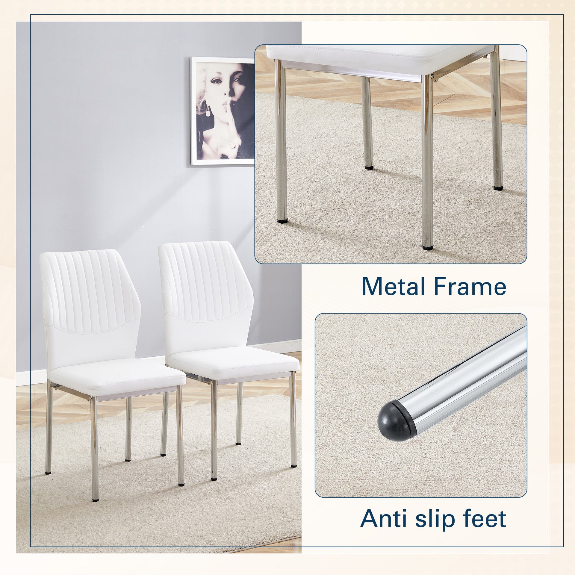 Luxury Simple Chair - Set of 6 White PU Material High Resilience Dining Chair with Metal Silver Leg.The Chair Back Has a Vertical Stripe Design With Smooth And Uniform Lines.