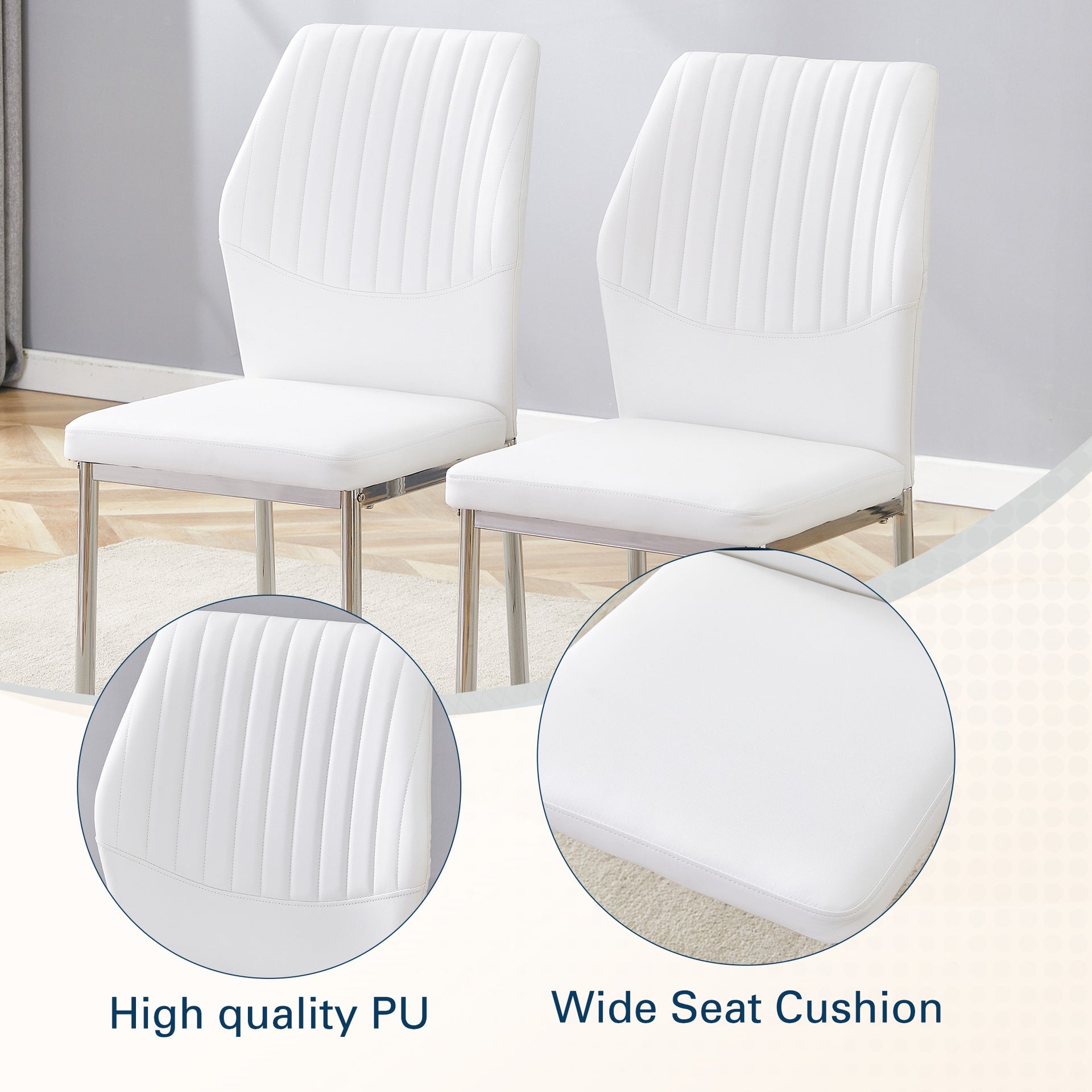 Luxury Simple Chair - Set of 6 White PU Material High Resilience Dining Chair with Metal Silver Leg.The Chair Back Has a Vertical Stripe Design With Smooth And Uniform Lines.