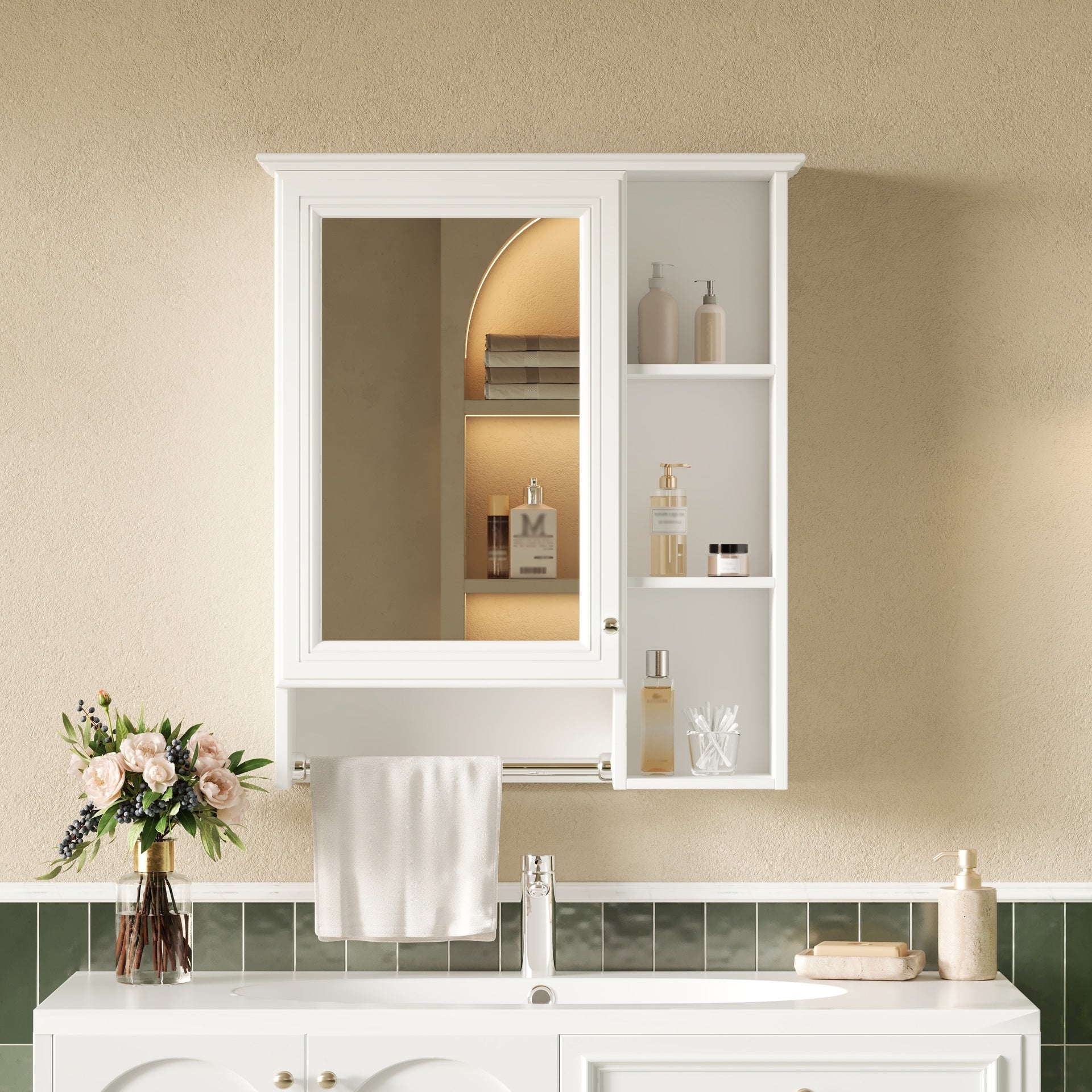 3-in-1 Bathroom Mirror Cabinet, 24-inch Wall Mounted Medicine Cabinet with Adjustable Shelf & Tower Bar, High-Definition Mirror with Storage for Bathroom Vanity