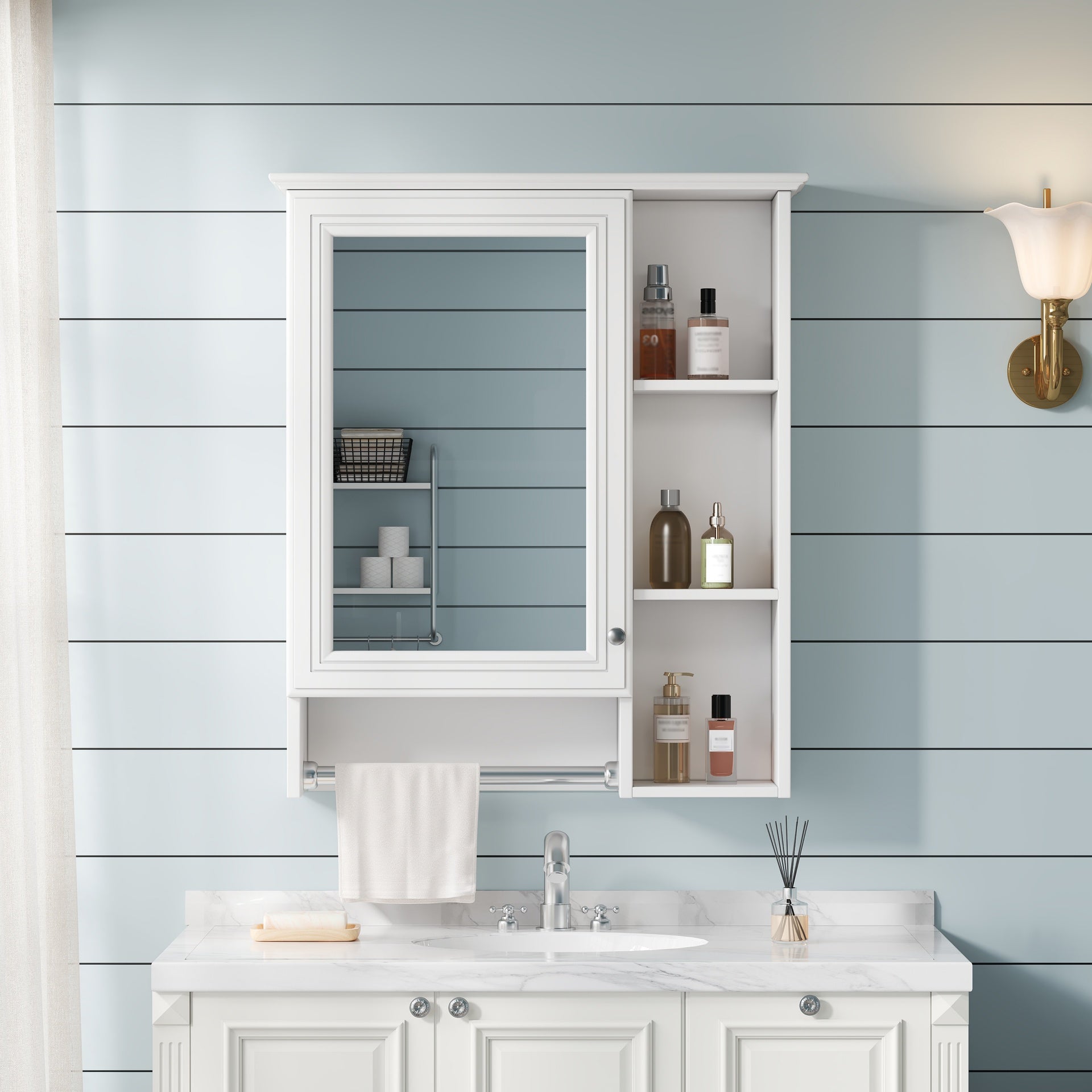 3-in-1 Bathroom Mirror Cabinet, 24-inch Wall Mounted Medicine Cabinet with Adjustable Shelf & Tower Bar, High-Definition Mirror with Storage for Bathroom Vanity