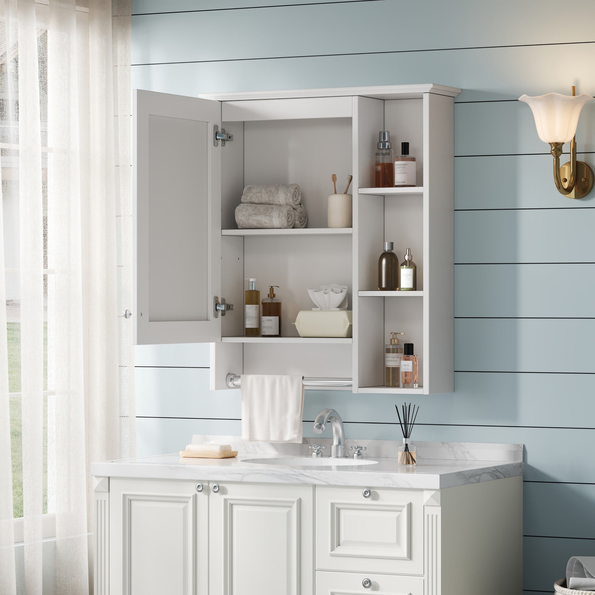 3-in-1 Bathroom Mirror Cabinet, 24-inch Wall Mounted Medicine Cabinet with Adjustable Shelf & Tower Bar, High-Definition Mirror with Storage for Bathroom Vanity