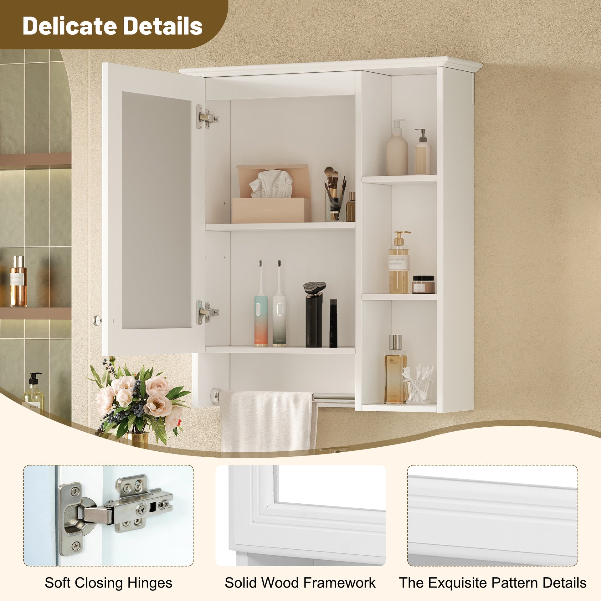 3-in-1 Bathroom Mirror Cabinet, 24-inch Wall Mounted Medicine Cabinet with Adjustable Shelf & Tower Bar, High-Definition Mirror with Storage for Bathroom Vanity