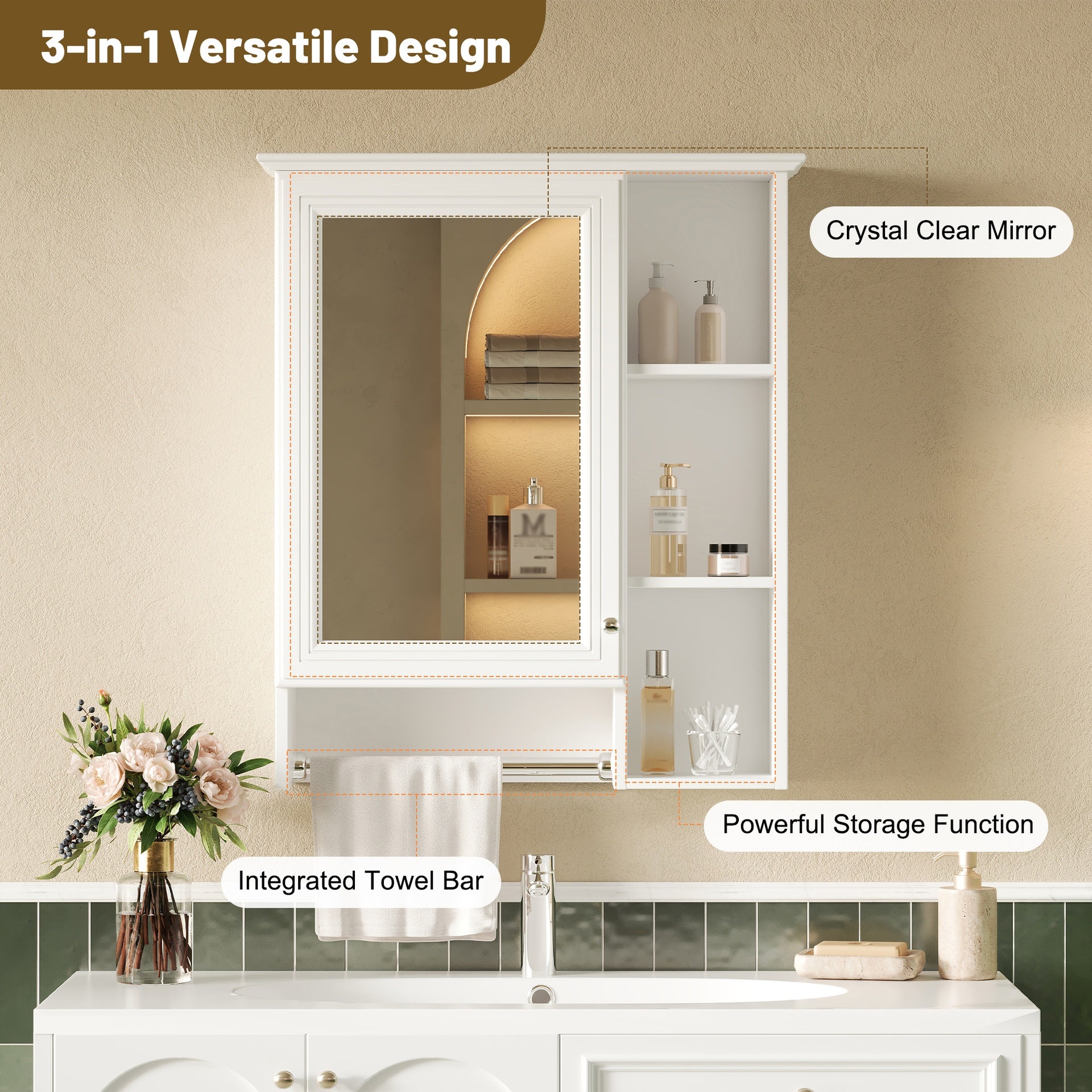 3-in-1 Bathroom Mirror Cabinet, 24-inch Wall Mounted Medicine Cabinet with Adjustable Shelf & Tower Bar, High-Definition Mirror with Storage for Bathroom Vanity