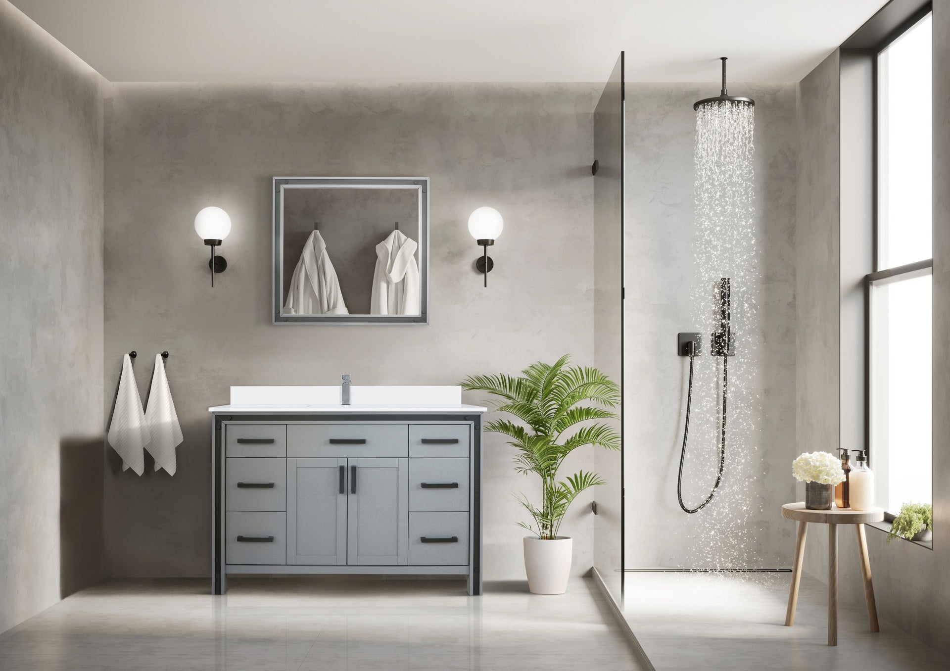 Dark Grey Bath Vanity 48 in. W x 22 in. D, Cultured Marble Top and 34 in. Mirror
