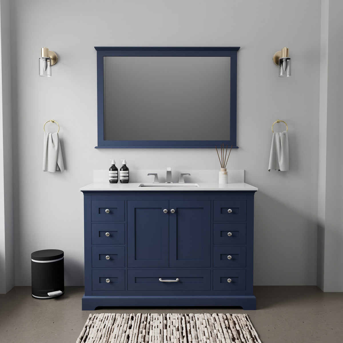 Navy Blue Single Bath Vanity 48 in. W x 22 in. D, White Quartz Top, and 46 in. Mirror