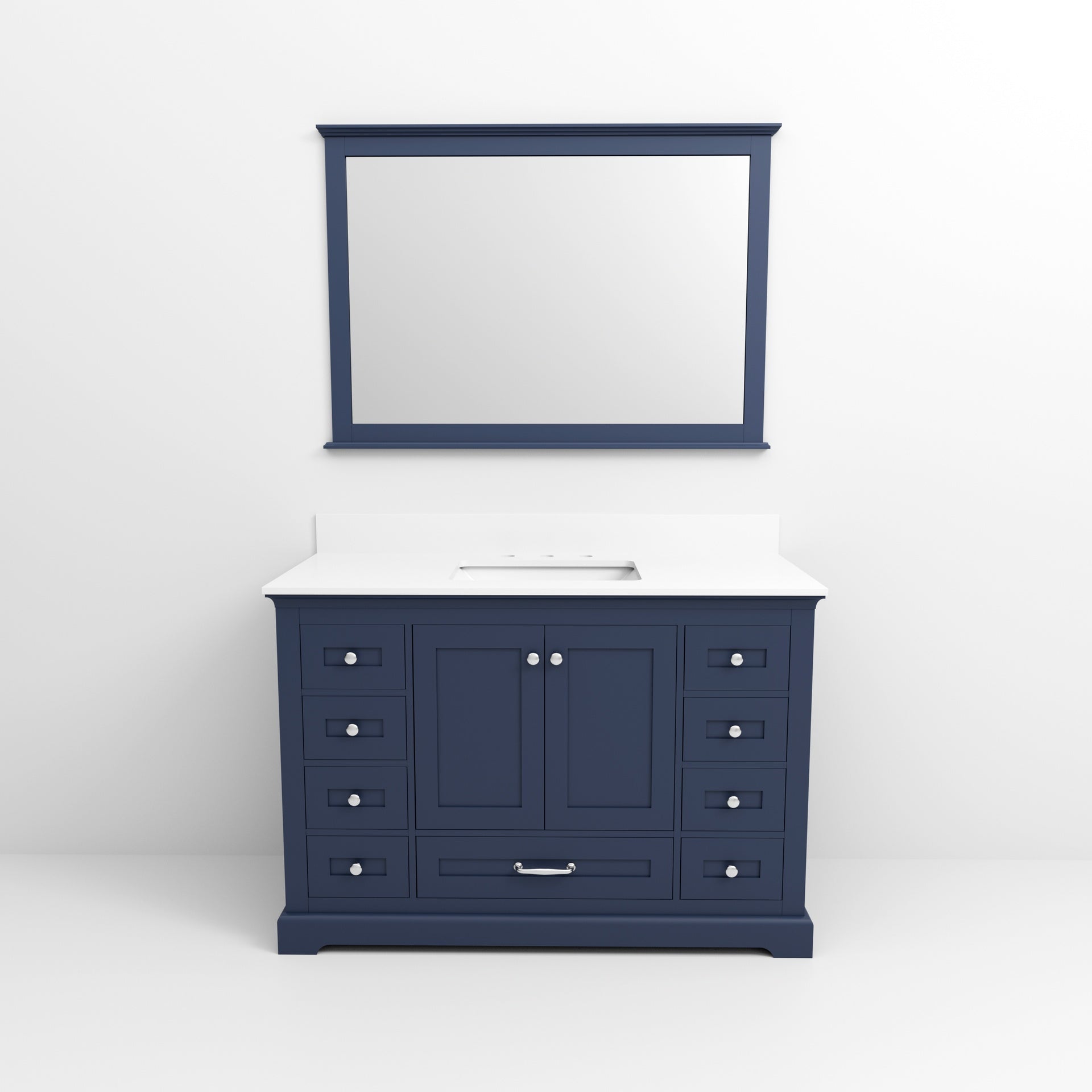 Navy Blue Single Bath Vanity 48 in. W x 22 in. D, White Quartz Top, and 46 in. Mirror
