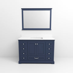 Navy Blue Single Bath Vanity 48 in. W x 22 in. D, White Quartz Top, and 46 in. Mirror
