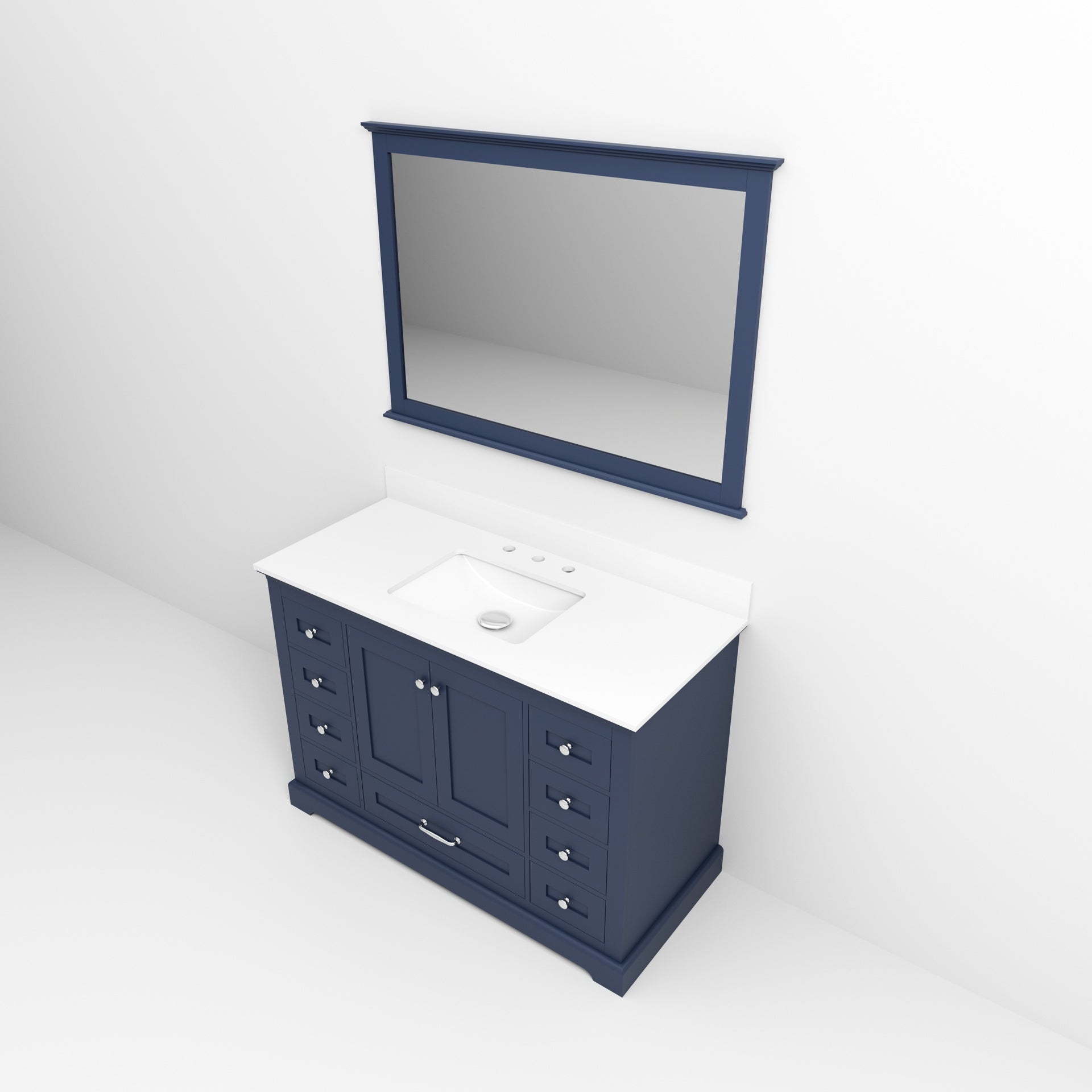 Navy Blue Single Bath Vanity 48 in. W x 22 in. D, White Quartz Top, and 46 in. Mirror